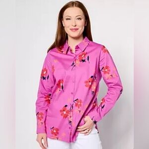 NEW Denim & Co. Printed Poplin Shirt w/ Side Slits in the color Rosebud